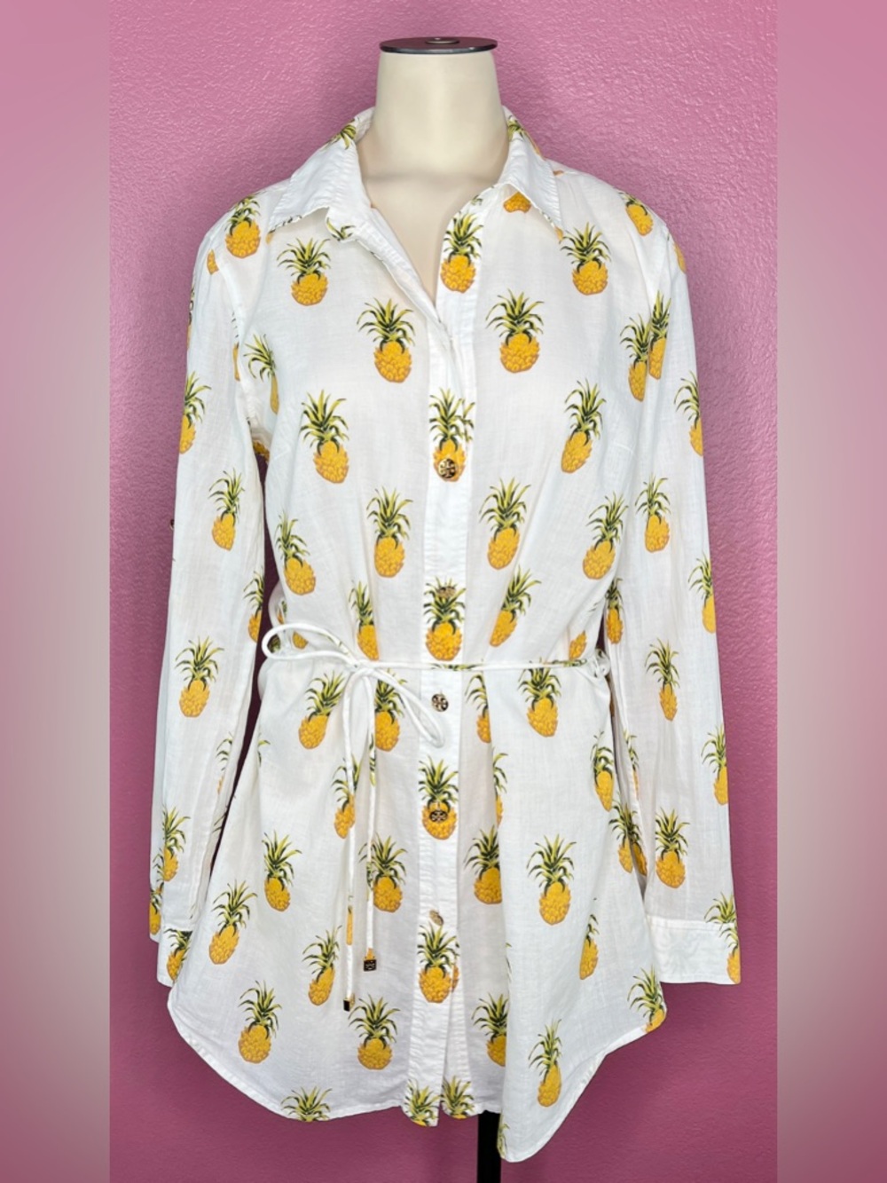 Tory Burch Tunic Cover Up Beach Shirt White With Pineapple Print 100% Cotton